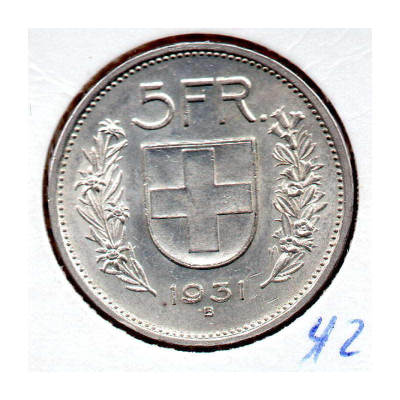 Suíça 5 Francos 1931 10* Sobre a cabeça